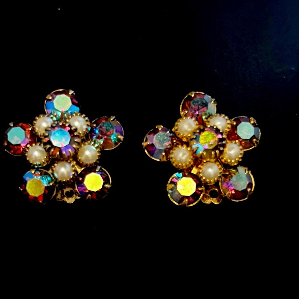 Vintage blue borealis, crystal and faux pearl clip earrings